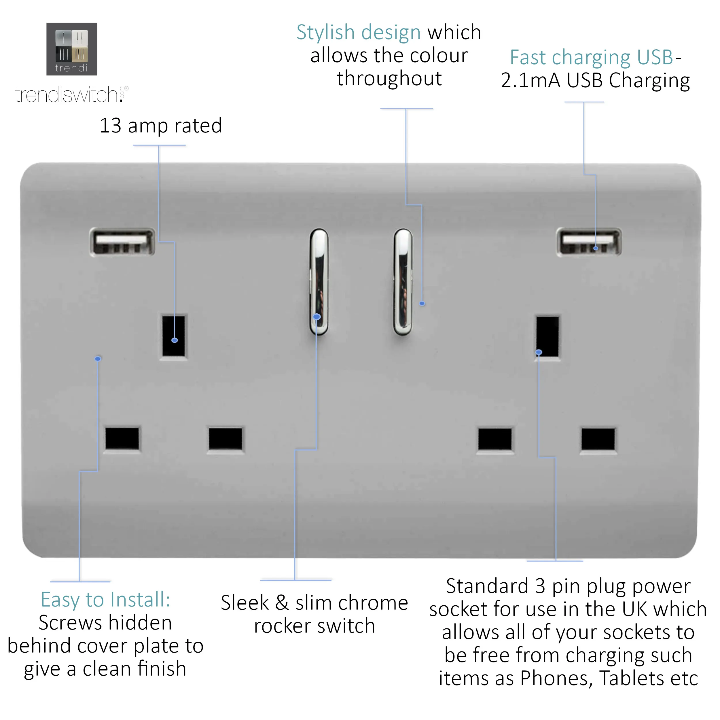 2 Gang 13Amp Short S/W Double Socket With 2x3.1Mah USB Brushed Steel ART-SKT213USB31AABS  Trendi Brushed Steel